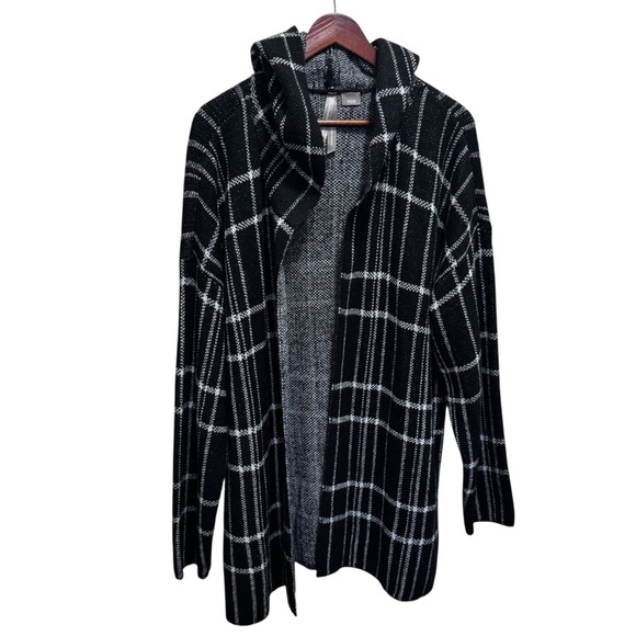 Pennington's Black & White Windowpane Open Front Hooded Cardigan Sweater Size 1x - Picture 1 of 9